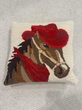Horse Cowboy Hooked Pillow in Red and Brown